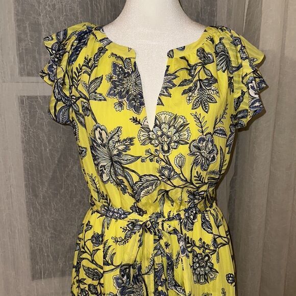 LOFT S Neon Yellow Blue White Floral Flutter Short Sleeve A-Line Belted Dress - Picture 3 of 10